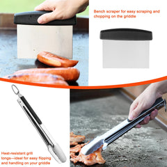 Various tools from the DY DECENT FAMILY Griddle Accessories Kit arranged