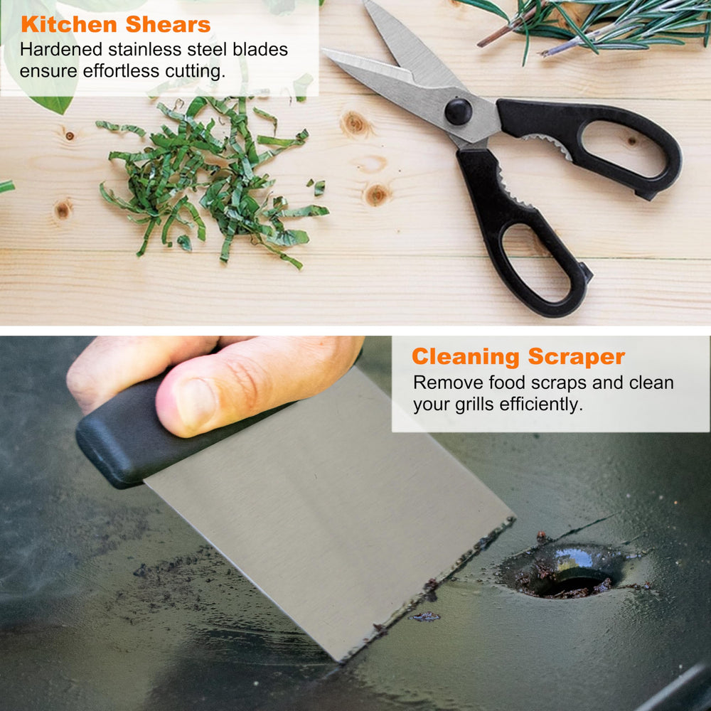 Various tools in the grilljoy Griddle Accessories Kit laid out