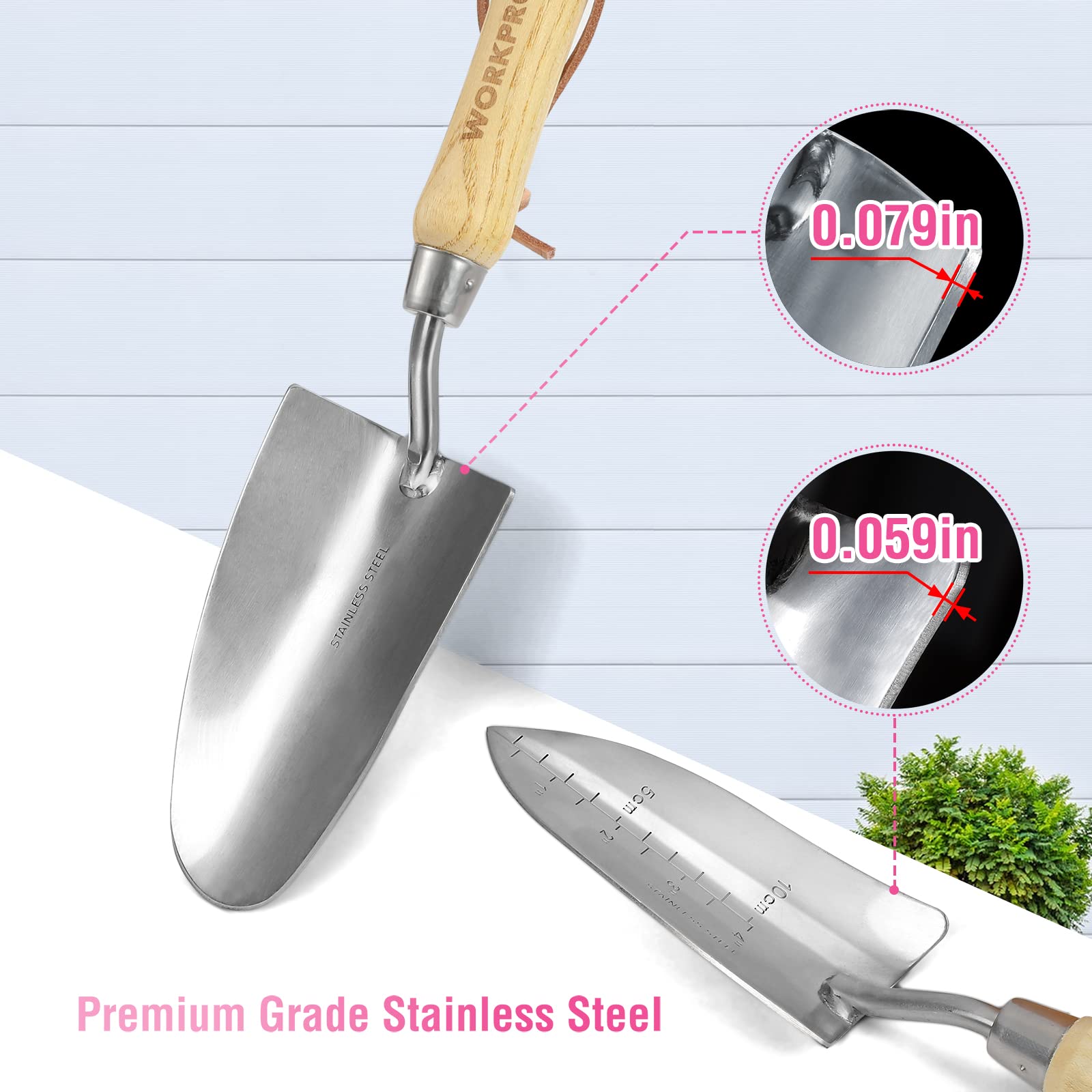 Various tools included in the WORKPRO pink garden tool set