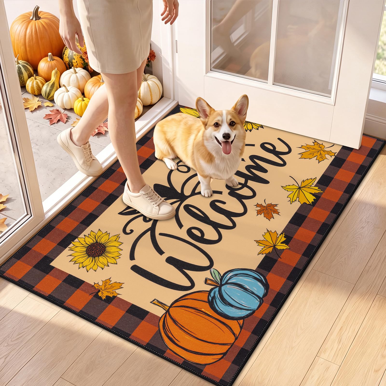 Vaukki Fall Pumpkin Mat in a laundry room setting