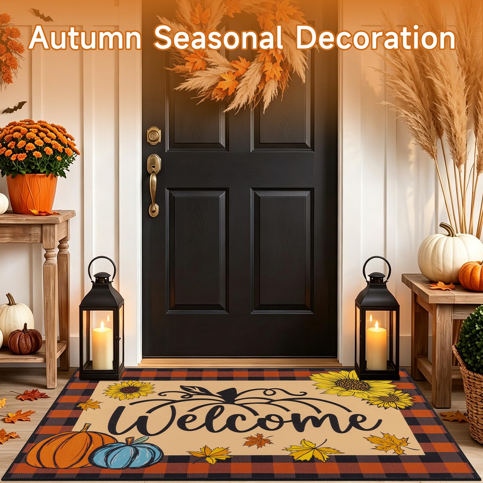 Vaukki Fall Pumpkin Mat with autumn leaves in background