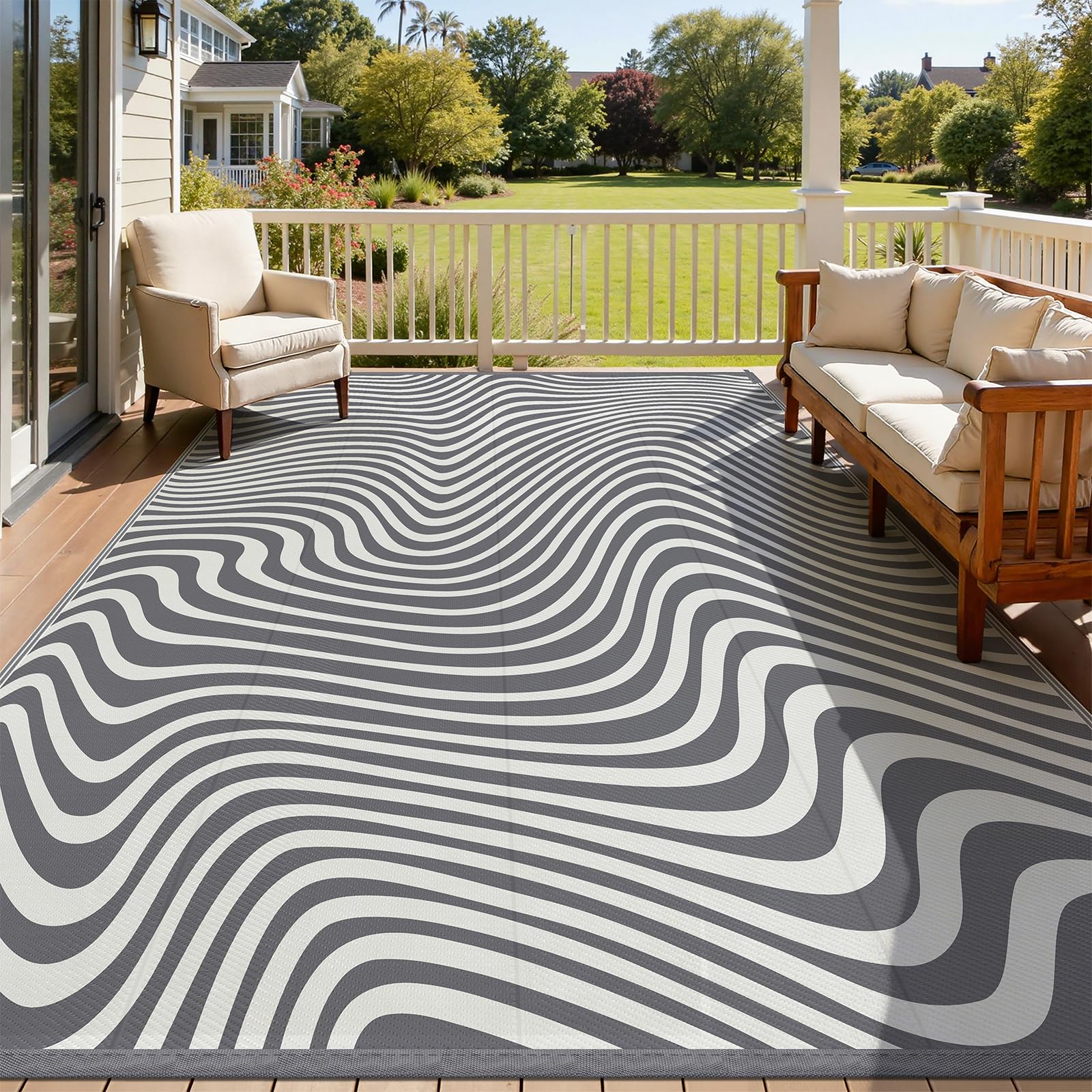 Vaukki Outdoor Rug 8x10 in use at a poolside setting