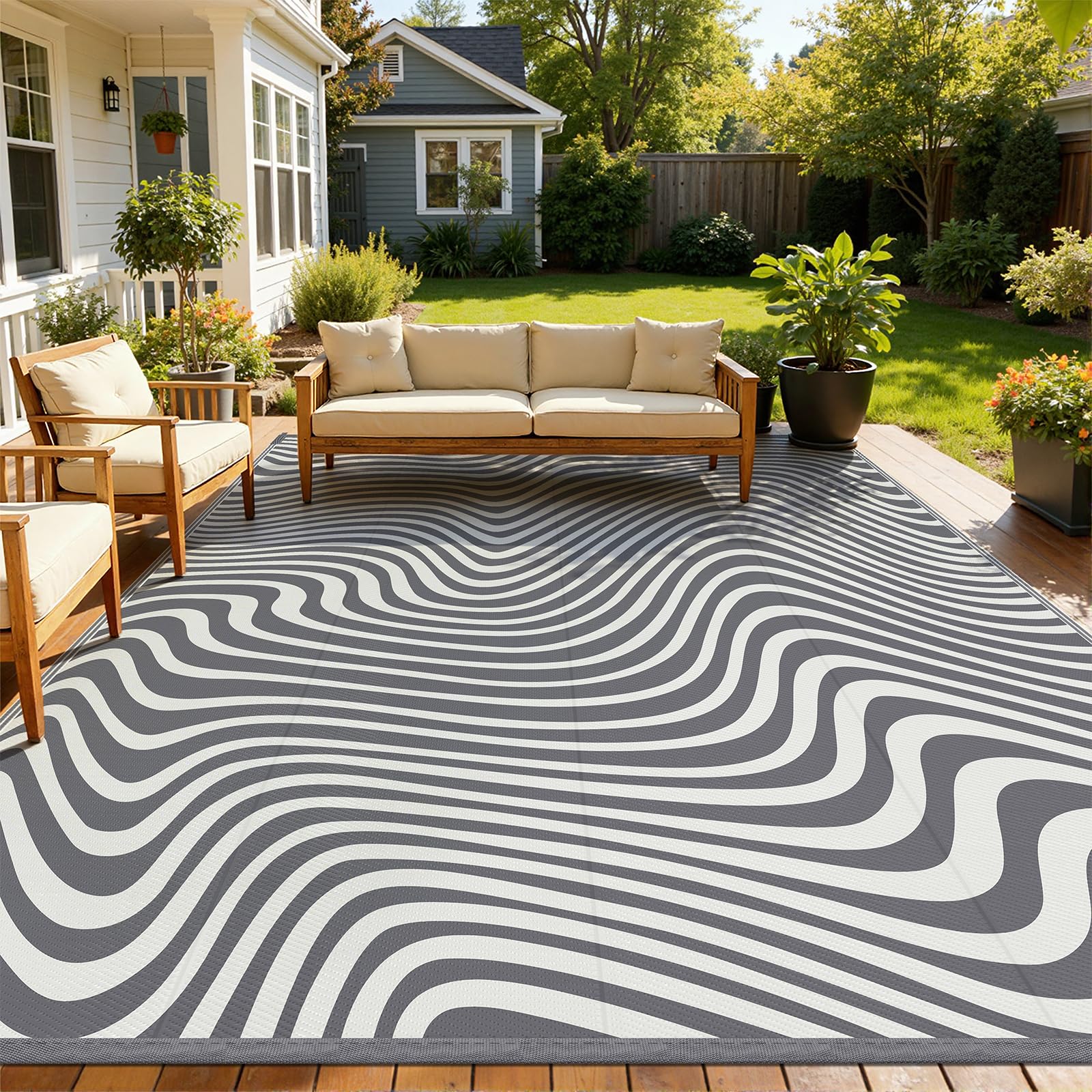 Vaukki Waterproof Outdoor Rug 8x10 grey striped design front view