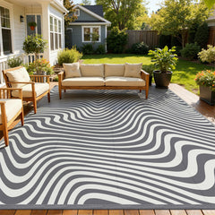 Vaukki Waterproof Outdoor Rug 8x10 grey striped design front view
