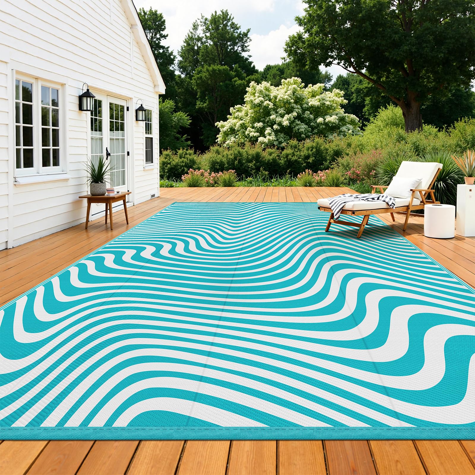 Vaukki Waterproof Outdoor Rug 9x12 teal striped front view