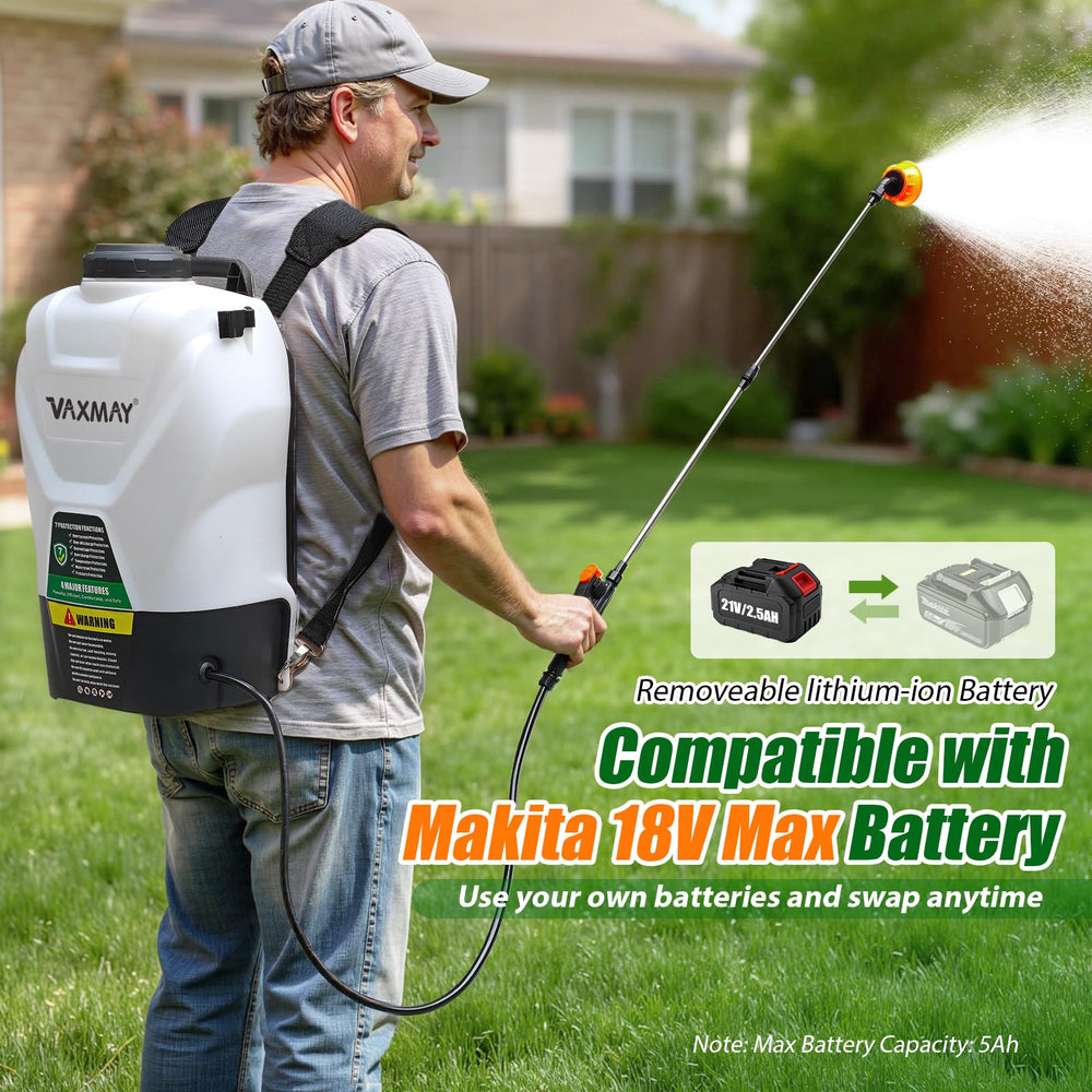 VAXMAY Backpack Sprayer showing battery and charger