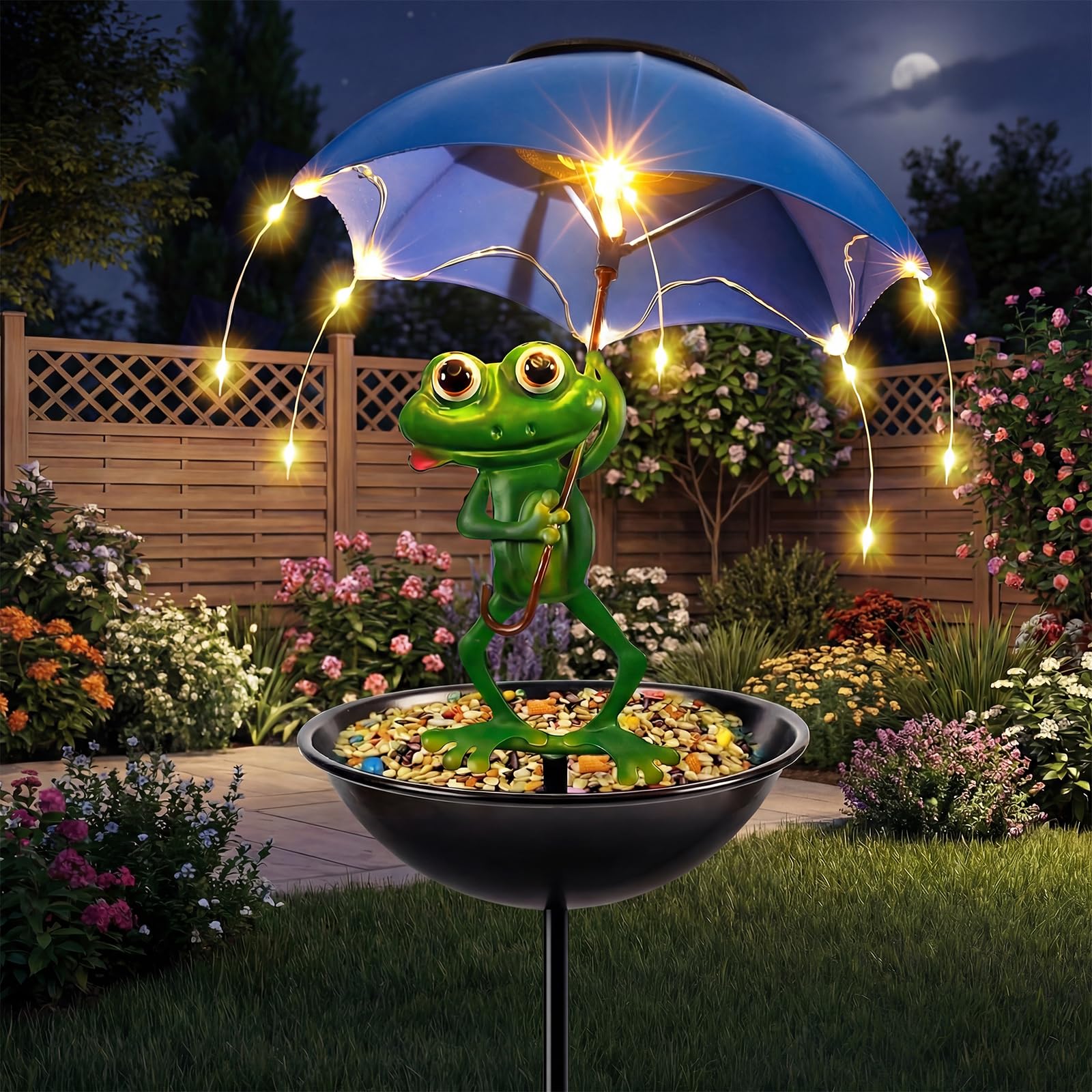 Vbioa Solar Bird Feeder Frog Garden Decor front view with umbrella