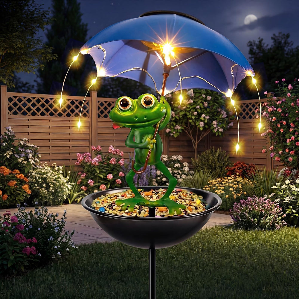 Vbioa Solar Bird Feeder Frog Garden Decor front view with umbrella