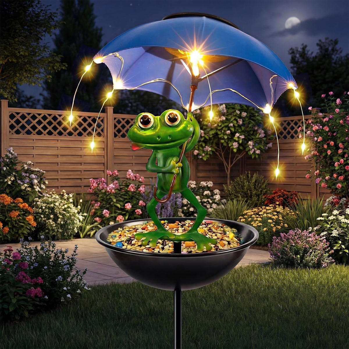 Vbioa Solar Bird Feeder Frog Garden Decor front view with umbrella