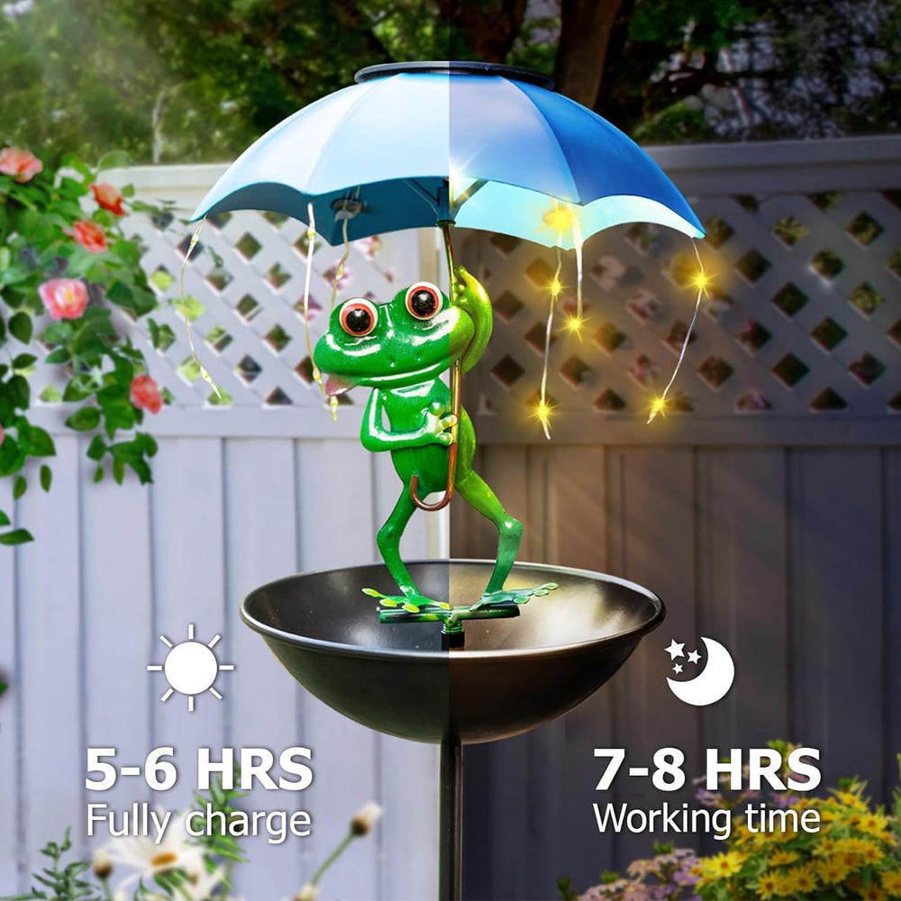 Vbioa Solar Bird Feeder Frog Garden Decor illuminated at night with solar lights