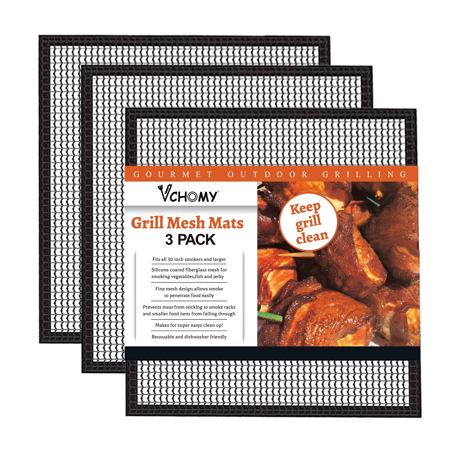 VCHOMY Grill Mesh Mat Set of 3 black non-stick cooking sheets