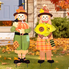VCUTEKA Fall Scarecrow Yard Sign Decor, boy holding sunflowers