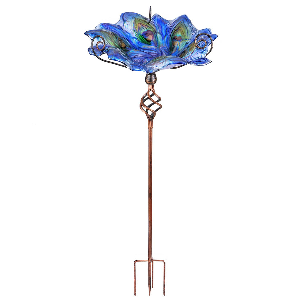 VCUTEKA Glass Bird Bath outdoor view with metal stake
