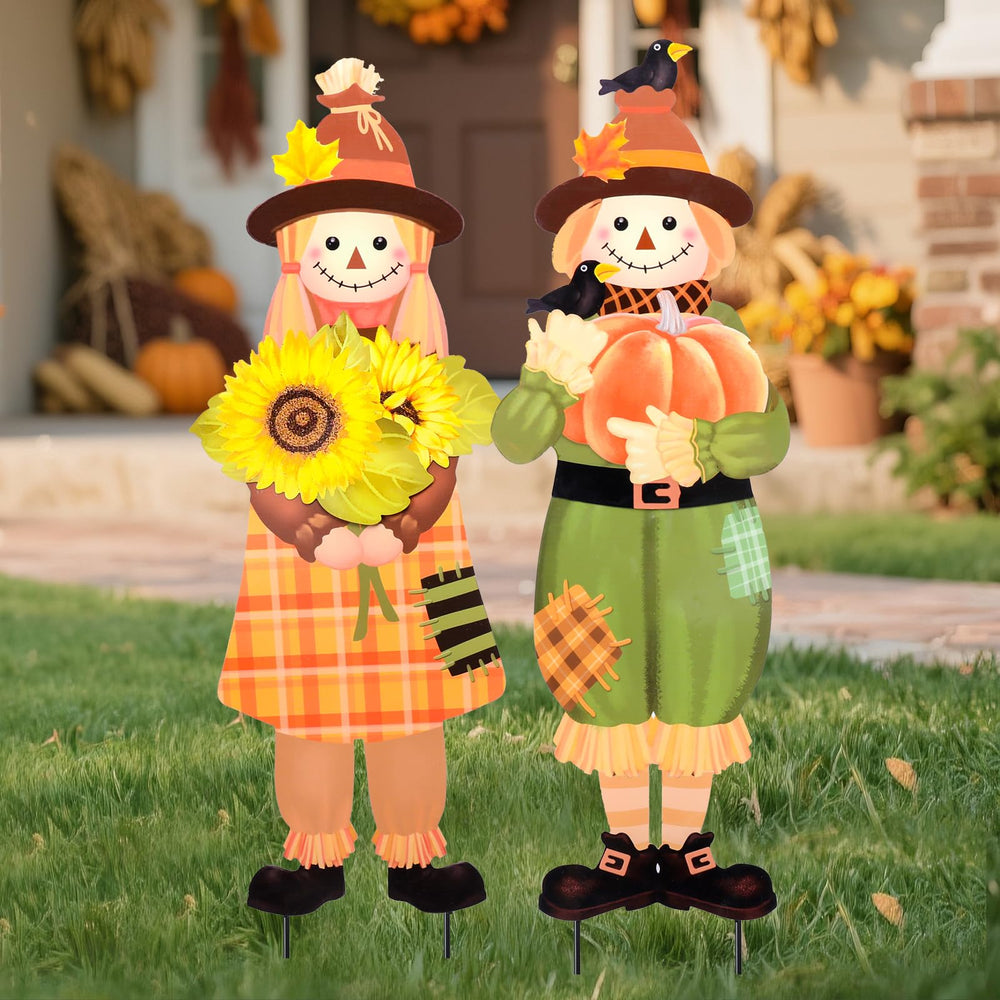 VCUTEKA scarecrow yard sign against autumn foliage