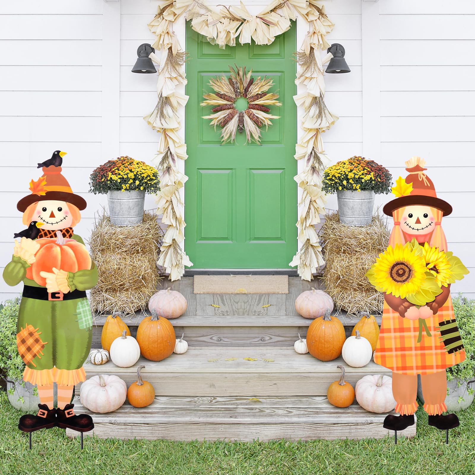 VCUTEKA scarecrow yard stakes in a garden setting