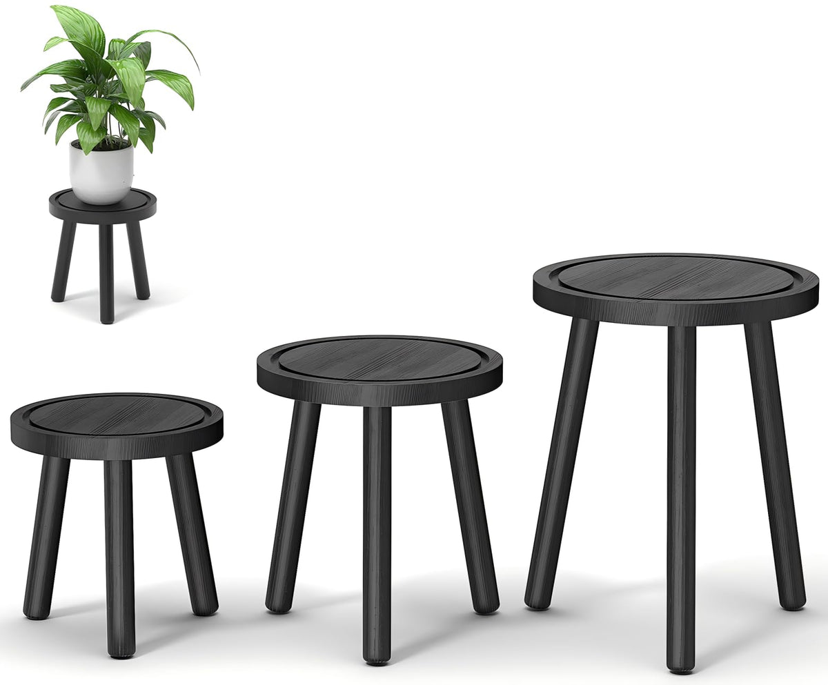 Vecxoty wood plant stand set of 3 in black, front view