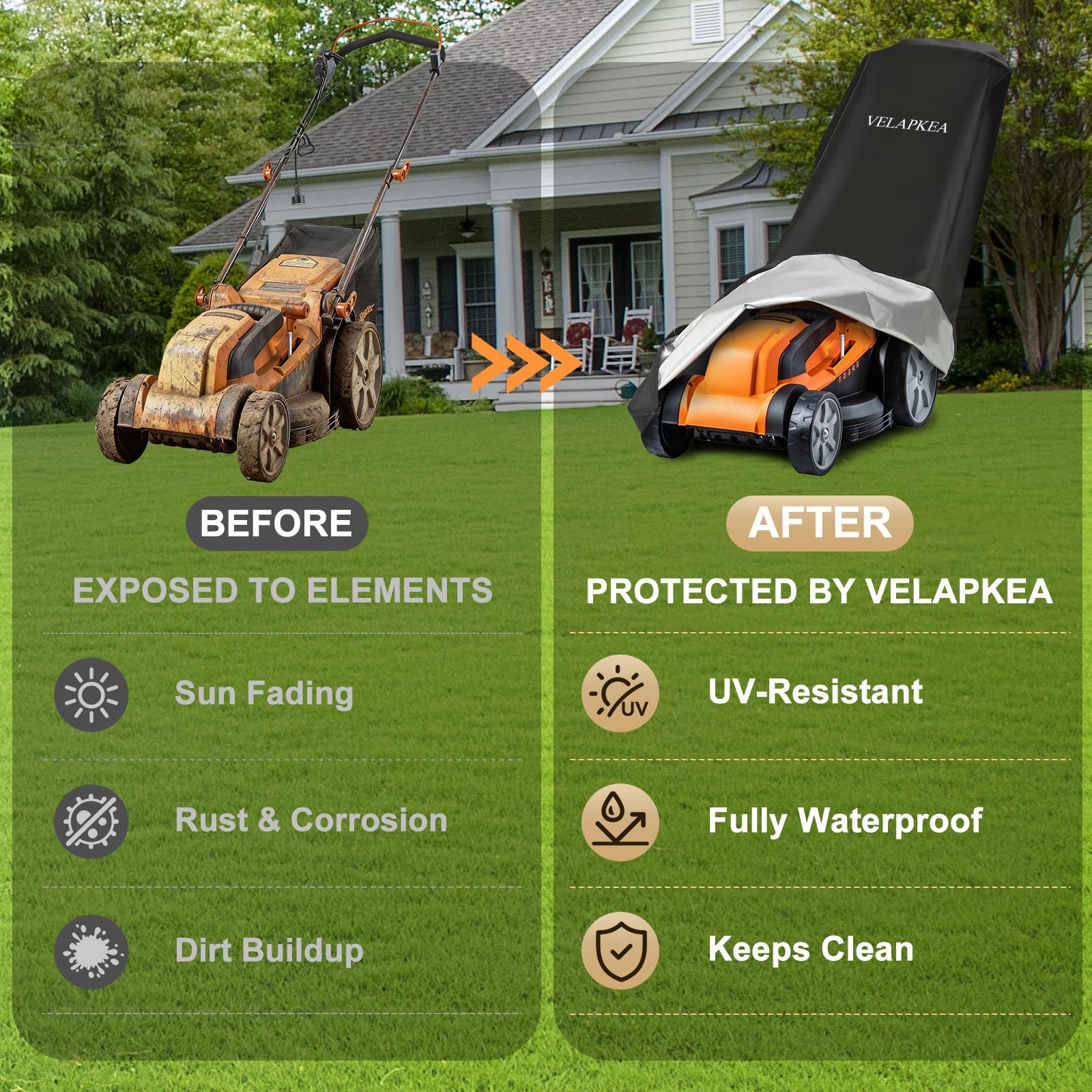 VELAPKEA Lawn Mower Cover in use during rainy weather