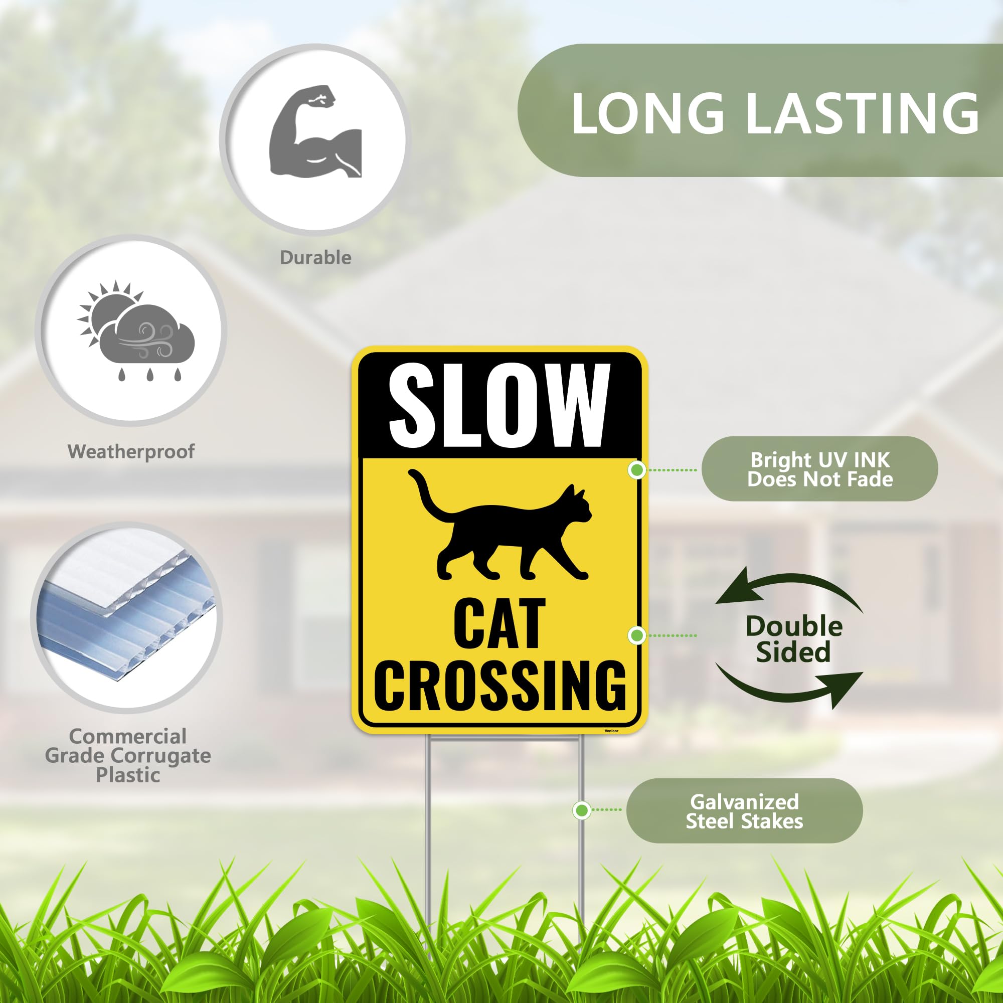 Venicor Cat Crossing Sign on metal stake in garden
