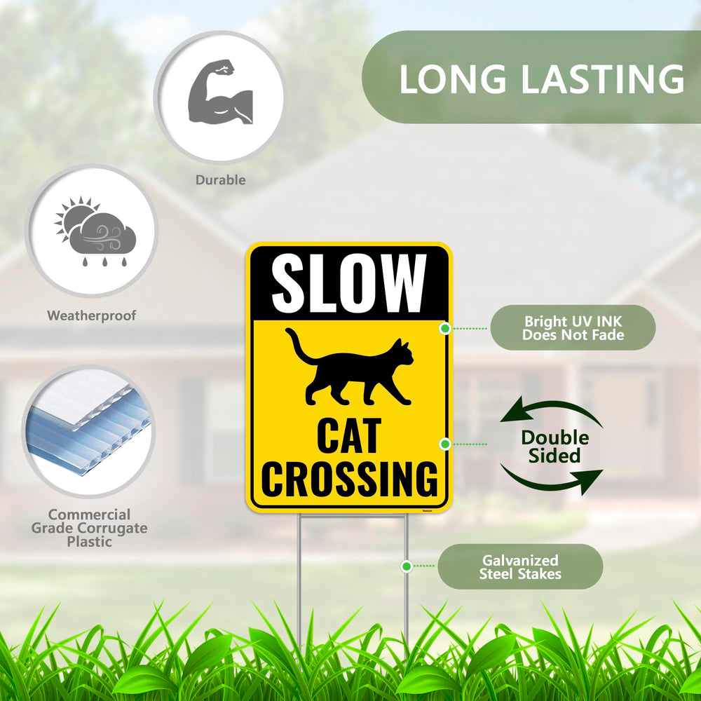 Venicor Cat Crossing Sign on metal stake in garden