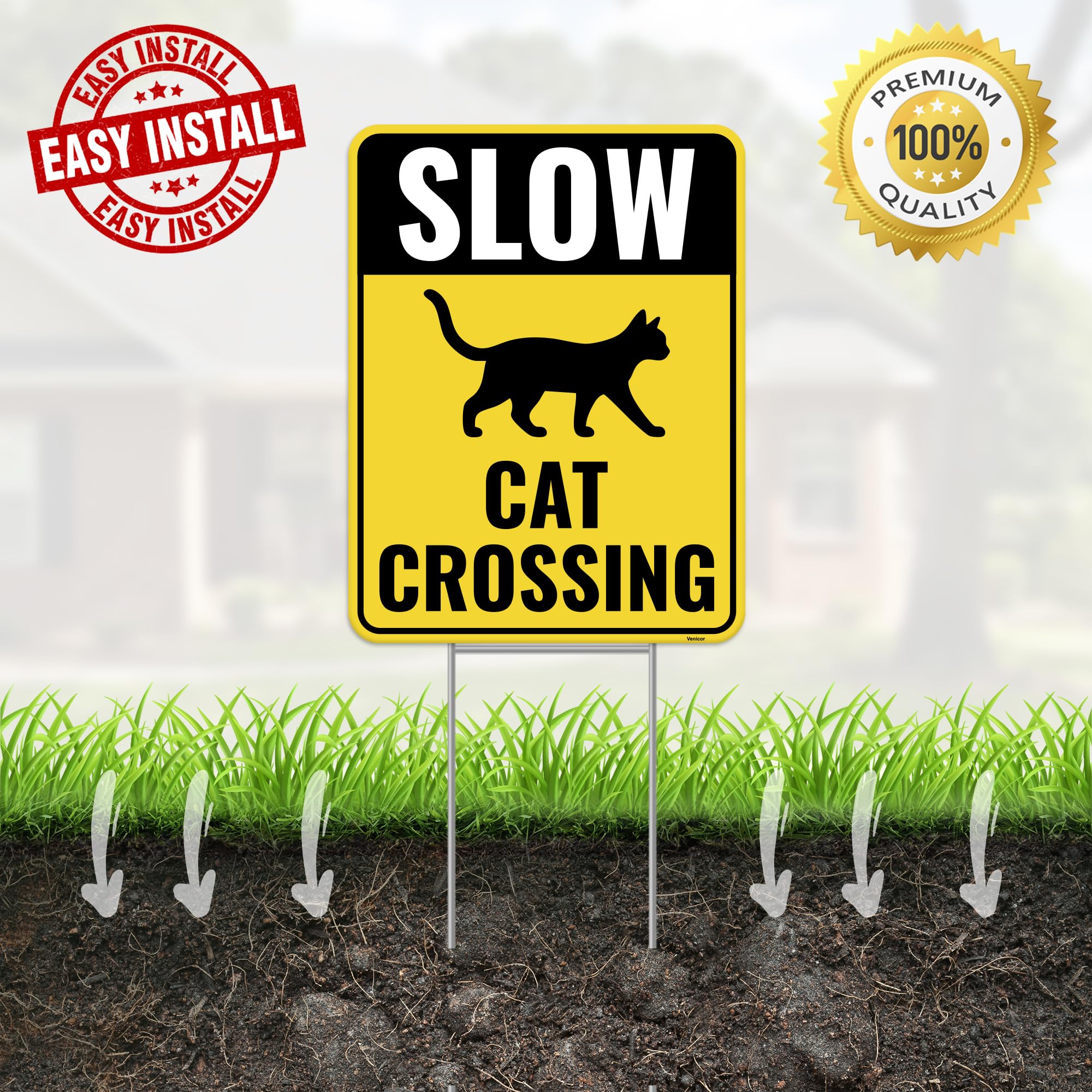 Venicor Cat Crossing Sign package contents including stakes