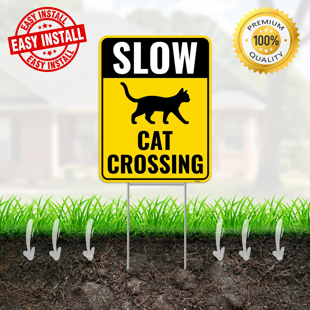 Venicor Cat Crossing Sign package contents including stakes