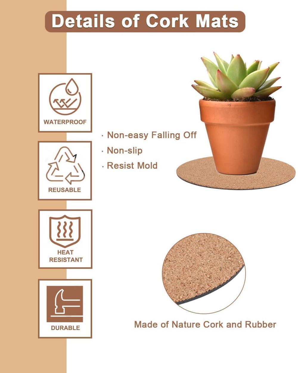 vensovo cork plant coasters on a wooden table with potted plants