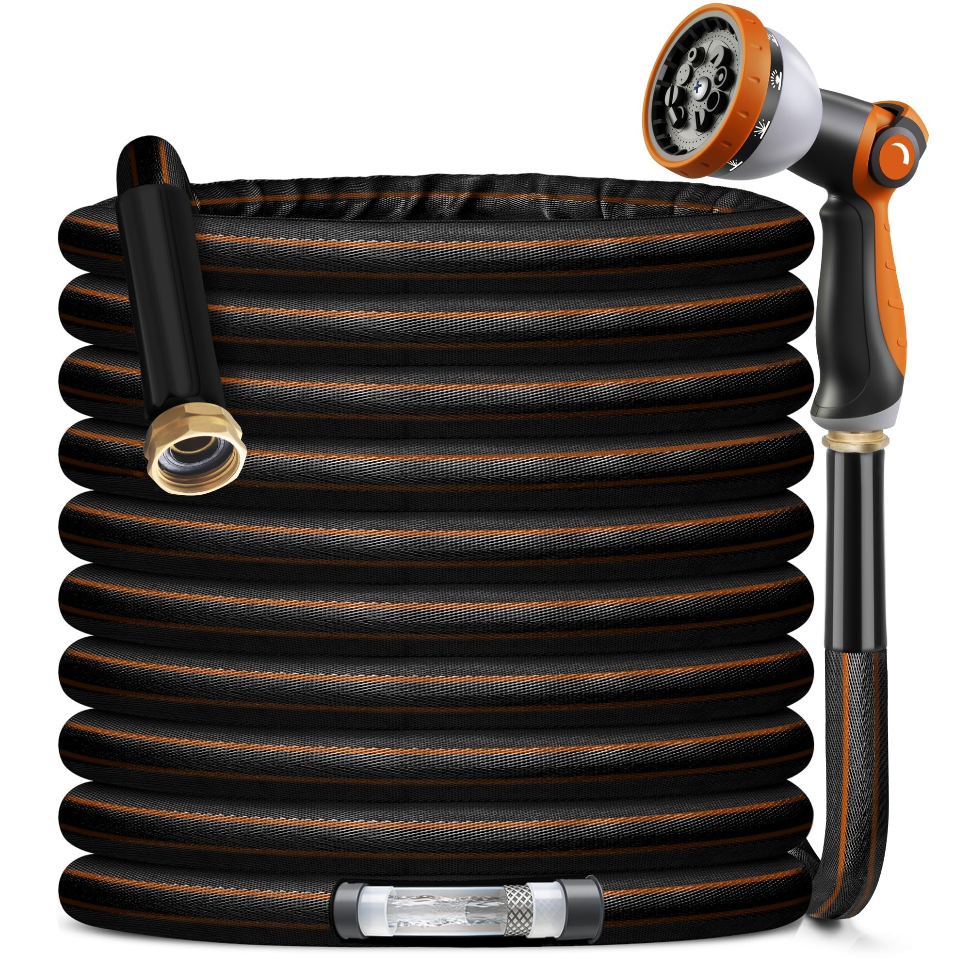 VERDOW 100ft Garden Hose with 10-function spray nozzle, black and orange