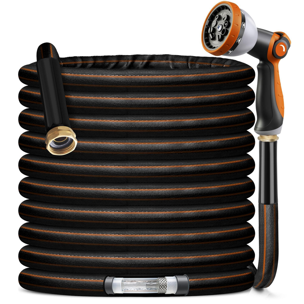 VERDOW 100ft Garden Hose with 10-function spray nozzle, black and orange