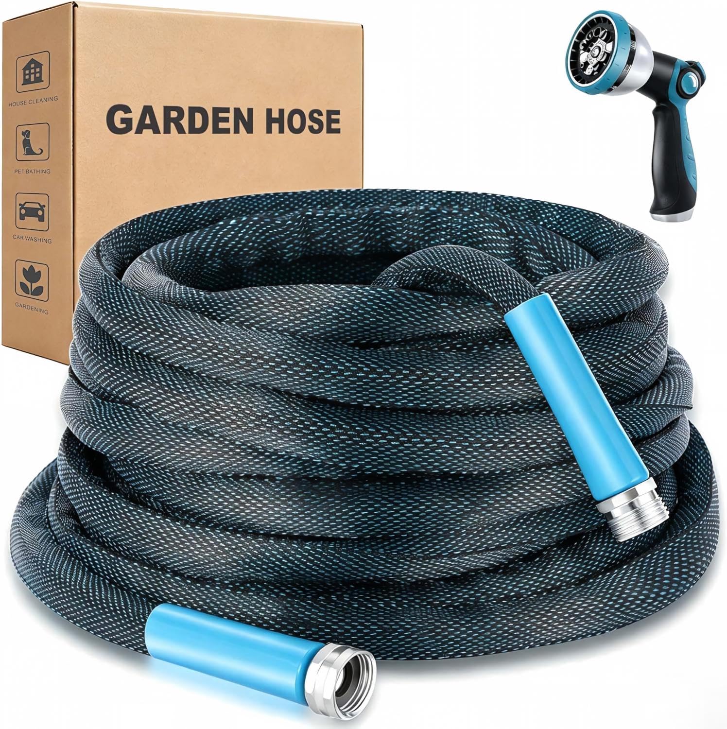 VERDOW 50 Ft garden hose with nozzle in black and blue