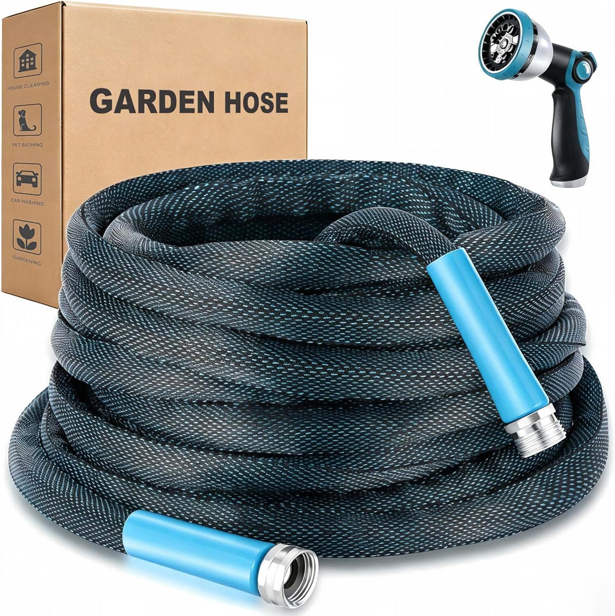 VERDOW 50 Ft garden hose with nozzle in black and blue