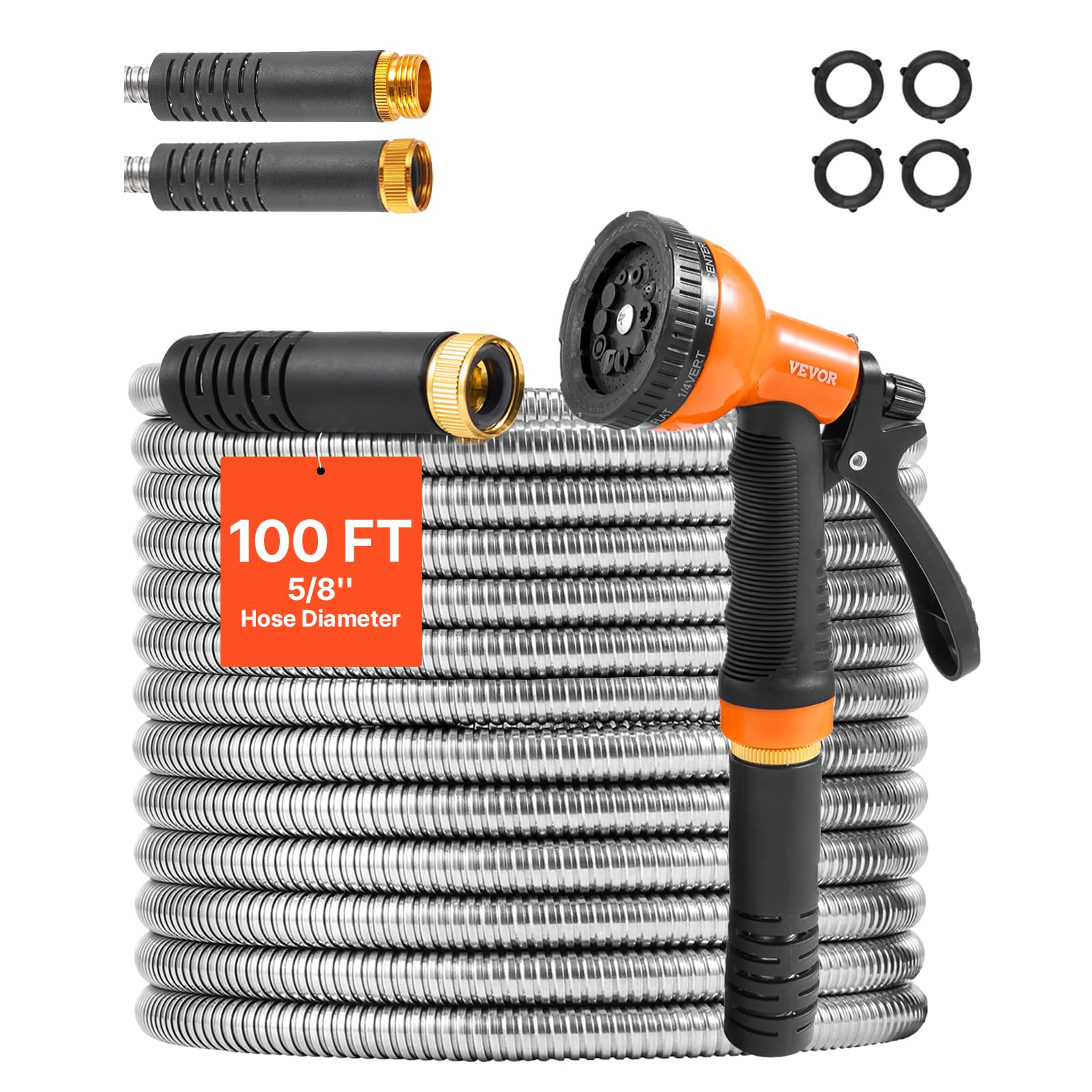 VEVOR 100FT garden hose front view with stainless steel finish