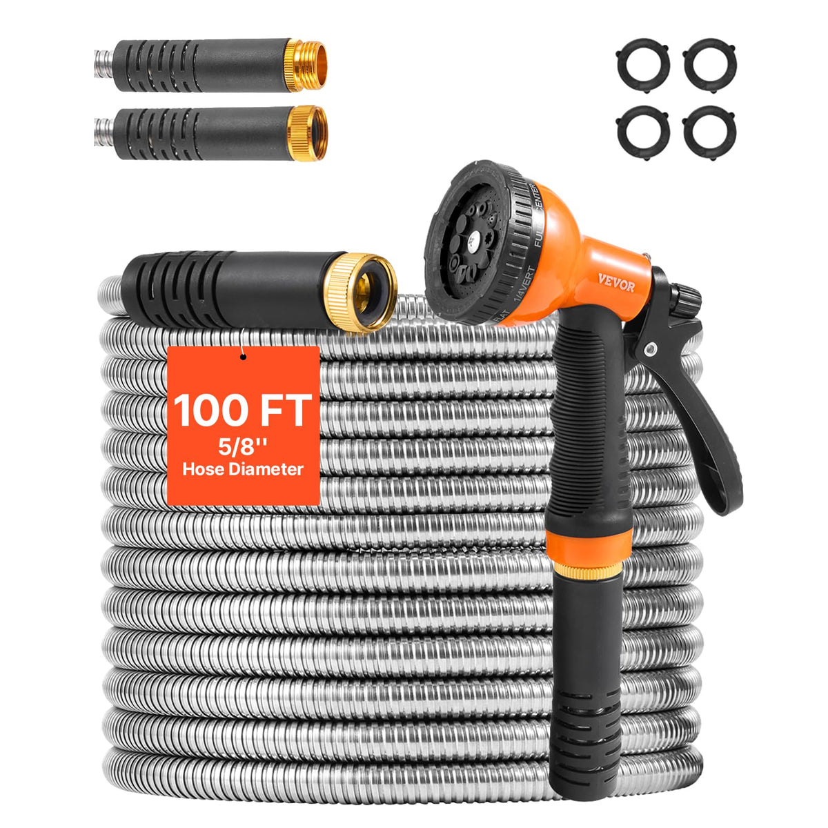 VEVOR 100FT garden hose front view with stainless steel finish