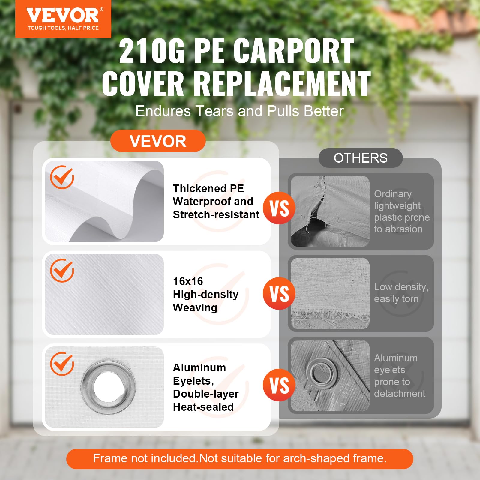 VEVOR 10x20 canopy cover showing 210g PE fabric close-up