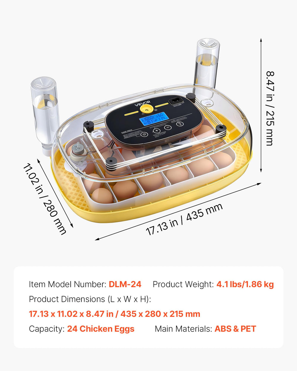 VEVOR 24 Egg Incubator packaging with specifications