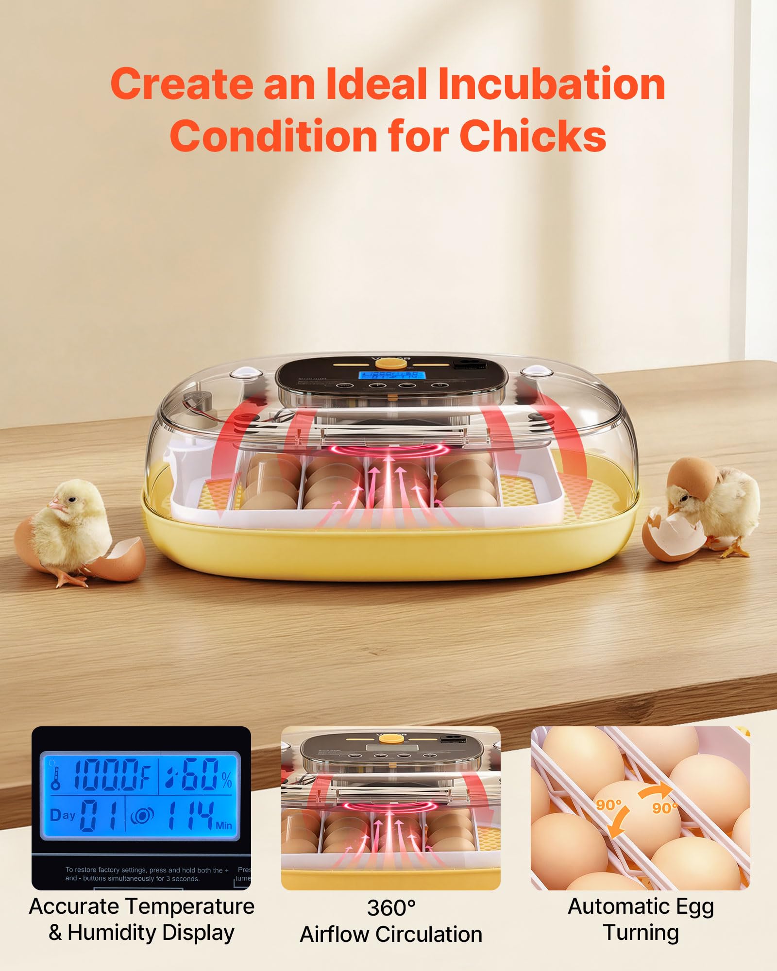 VEVOR 24 Egg Incubator showing automatic egg turning feature