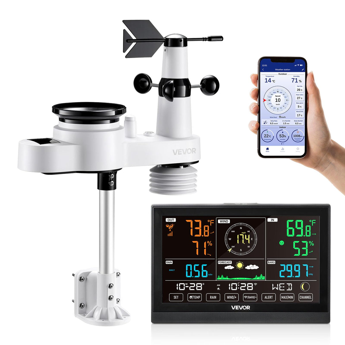 VEVOR 5-in-1 Wi-Fi Weather Station front view with display