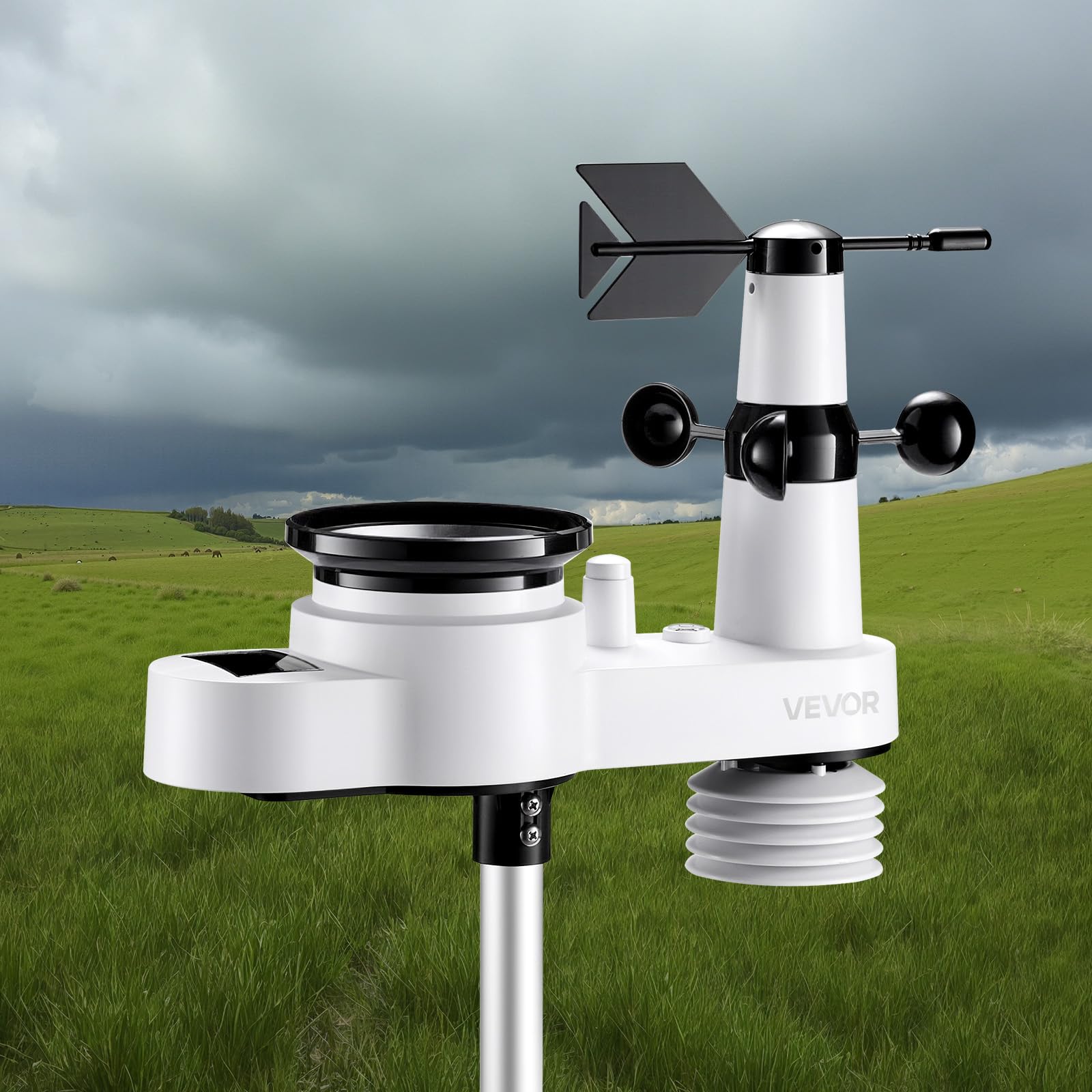 VEVOR 5-in-1 Wi-Fi Weather Station showing weather data
