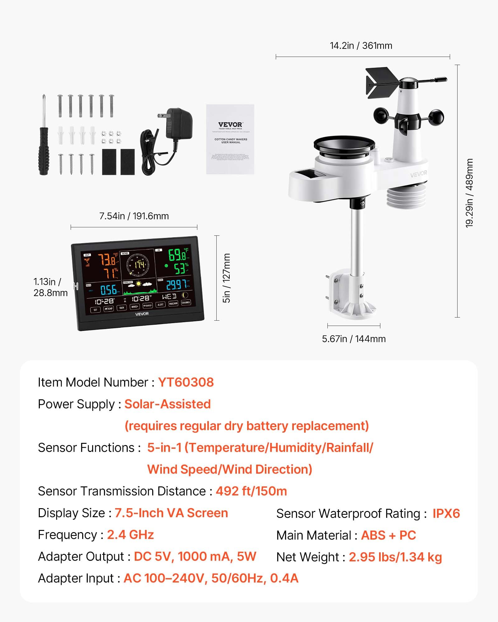 VEVOR 5-in-1 Wi-Fi Weather Station with power adapter