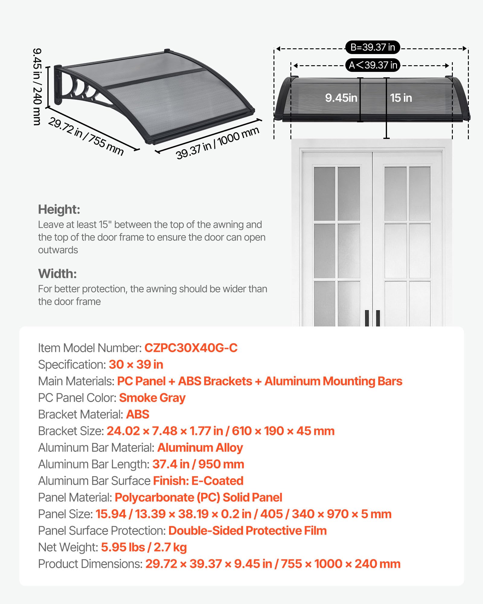 VEVOR awning package dimensions: 97x43x7 cm