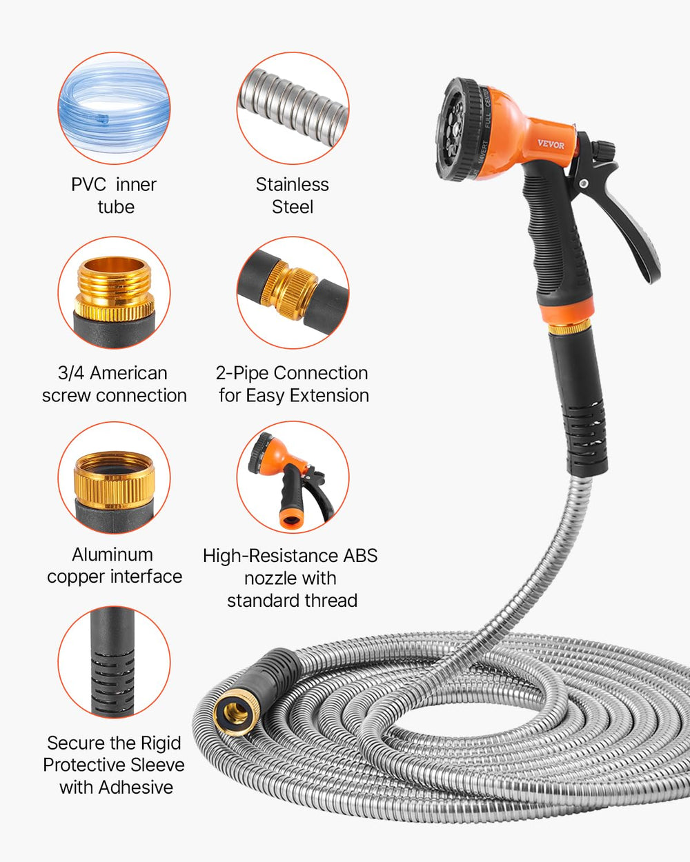 VEVOR garden hose with 10-function spray nozzle attached