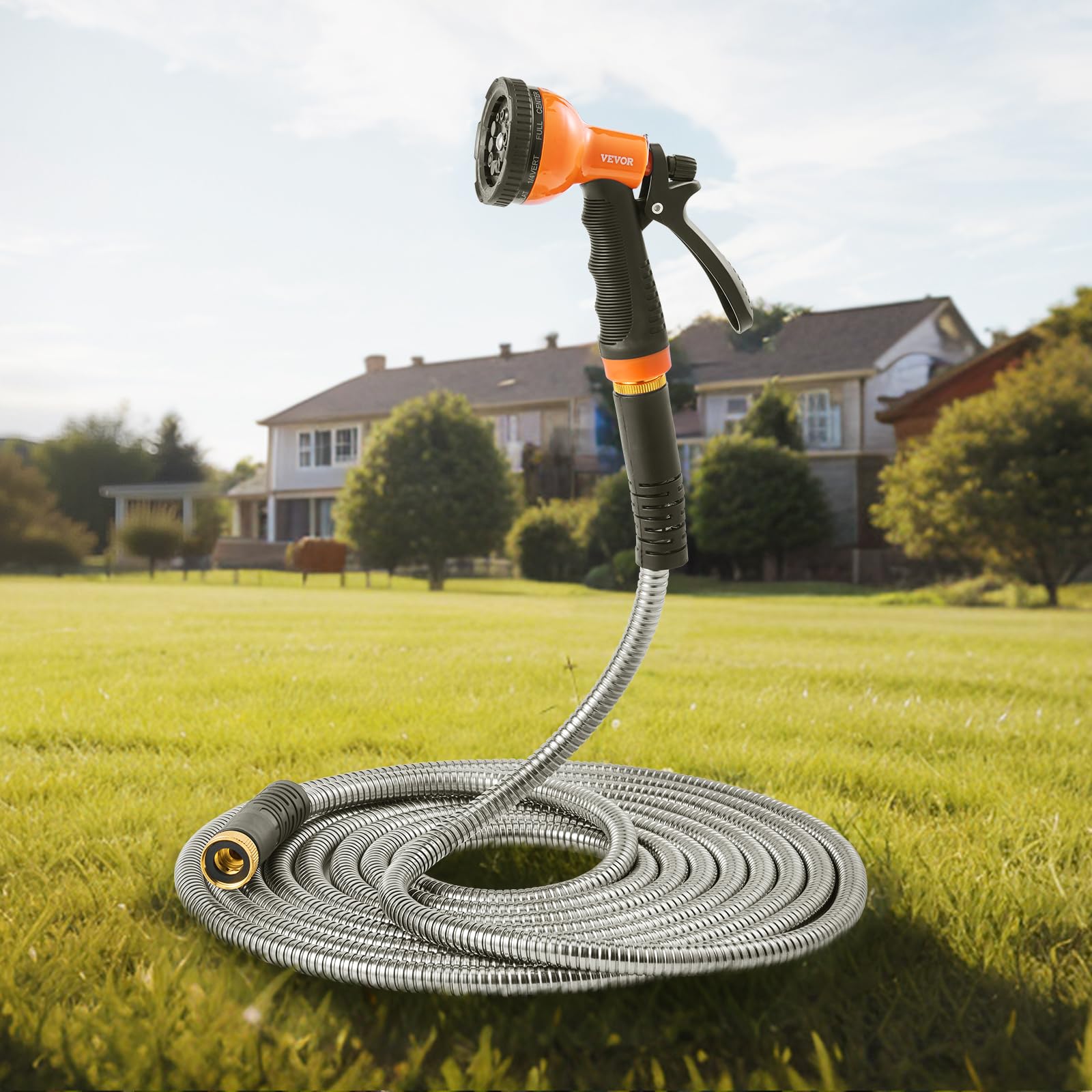 VEVOR garden hose with water spraying from nozzle