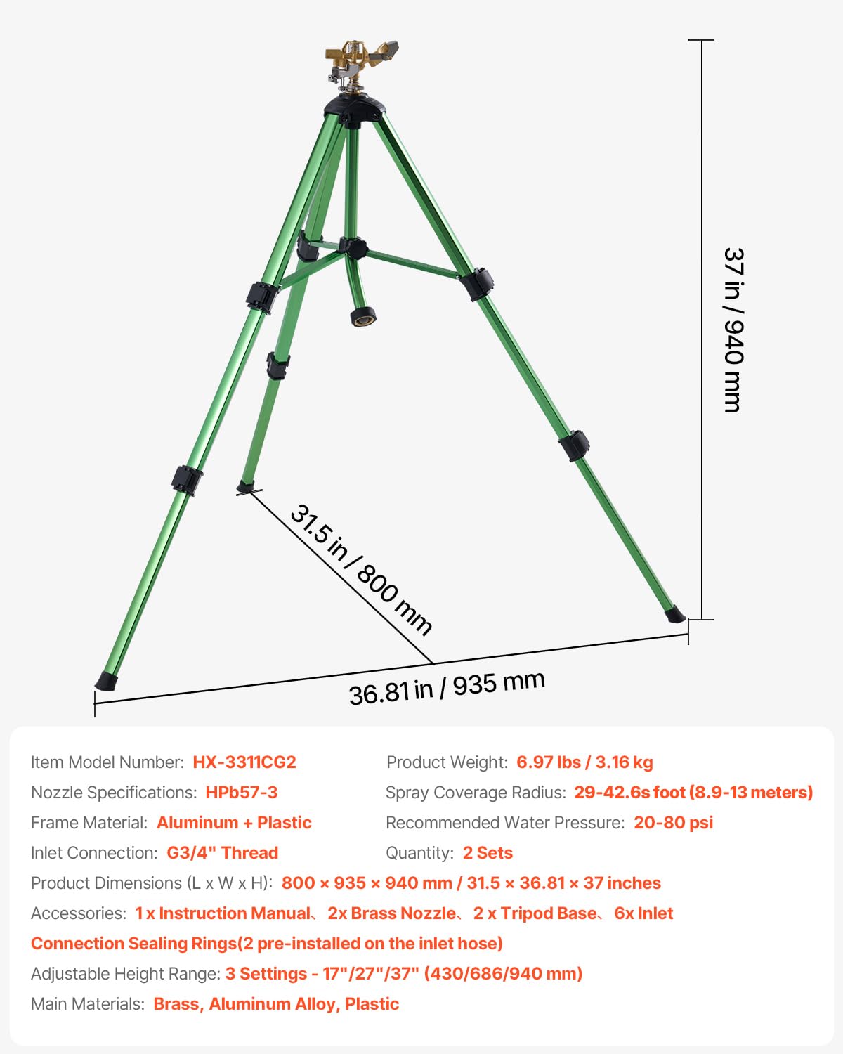VEVOR Impact Sprinkler with adjustable height settings displayed