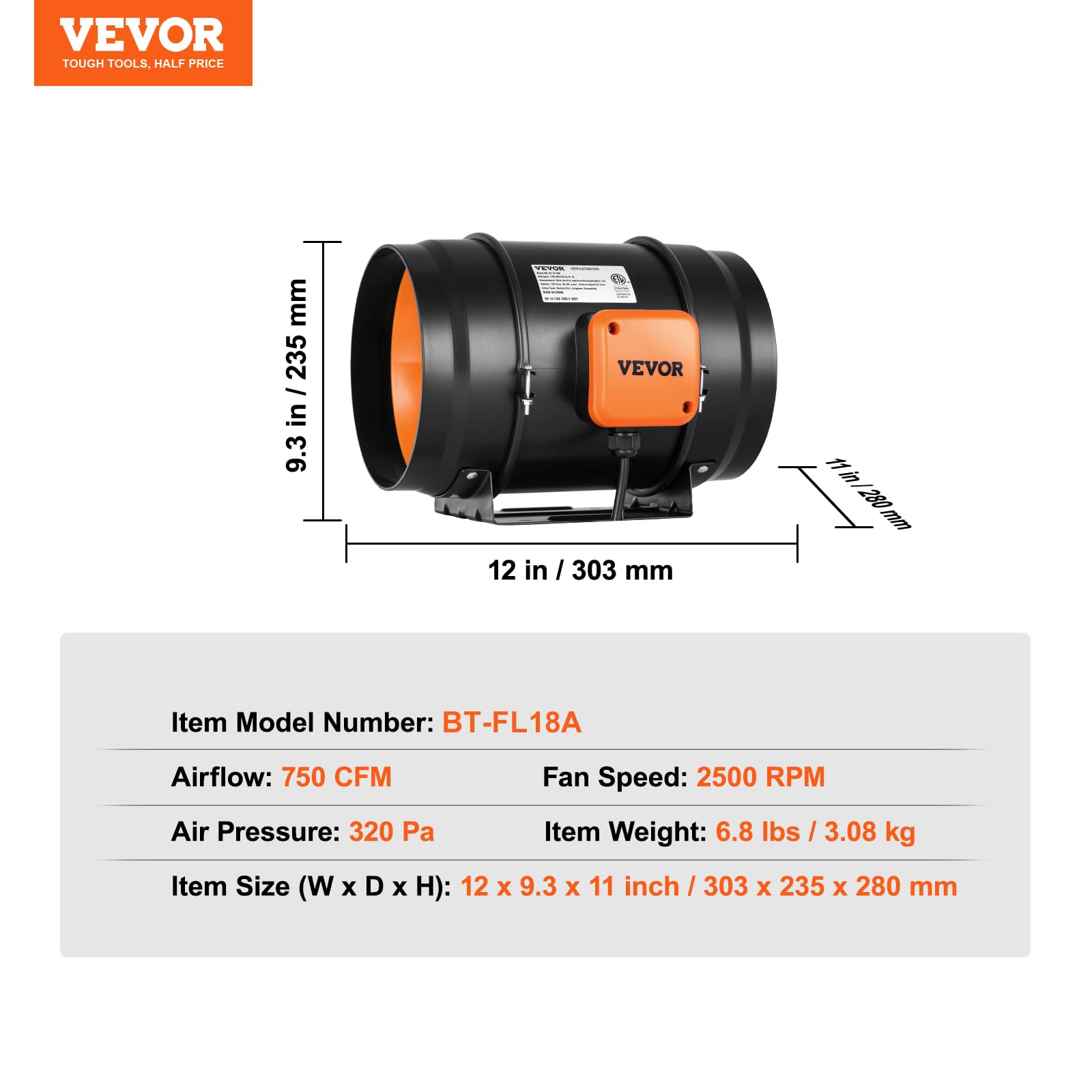 VEVOR inline duct fan packaging and included parts
