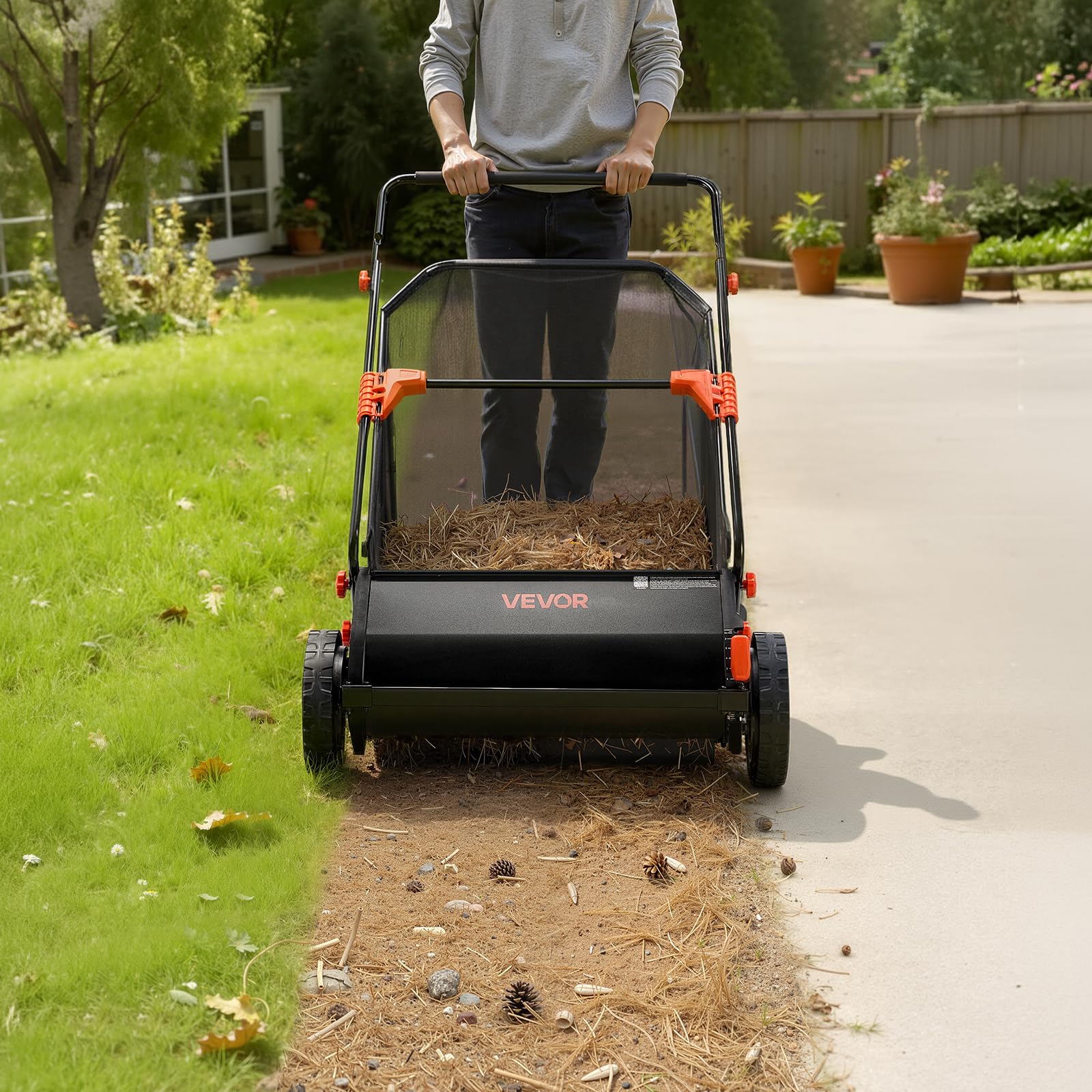 VEVOR lawn sweeper brush dimensions on a ruler