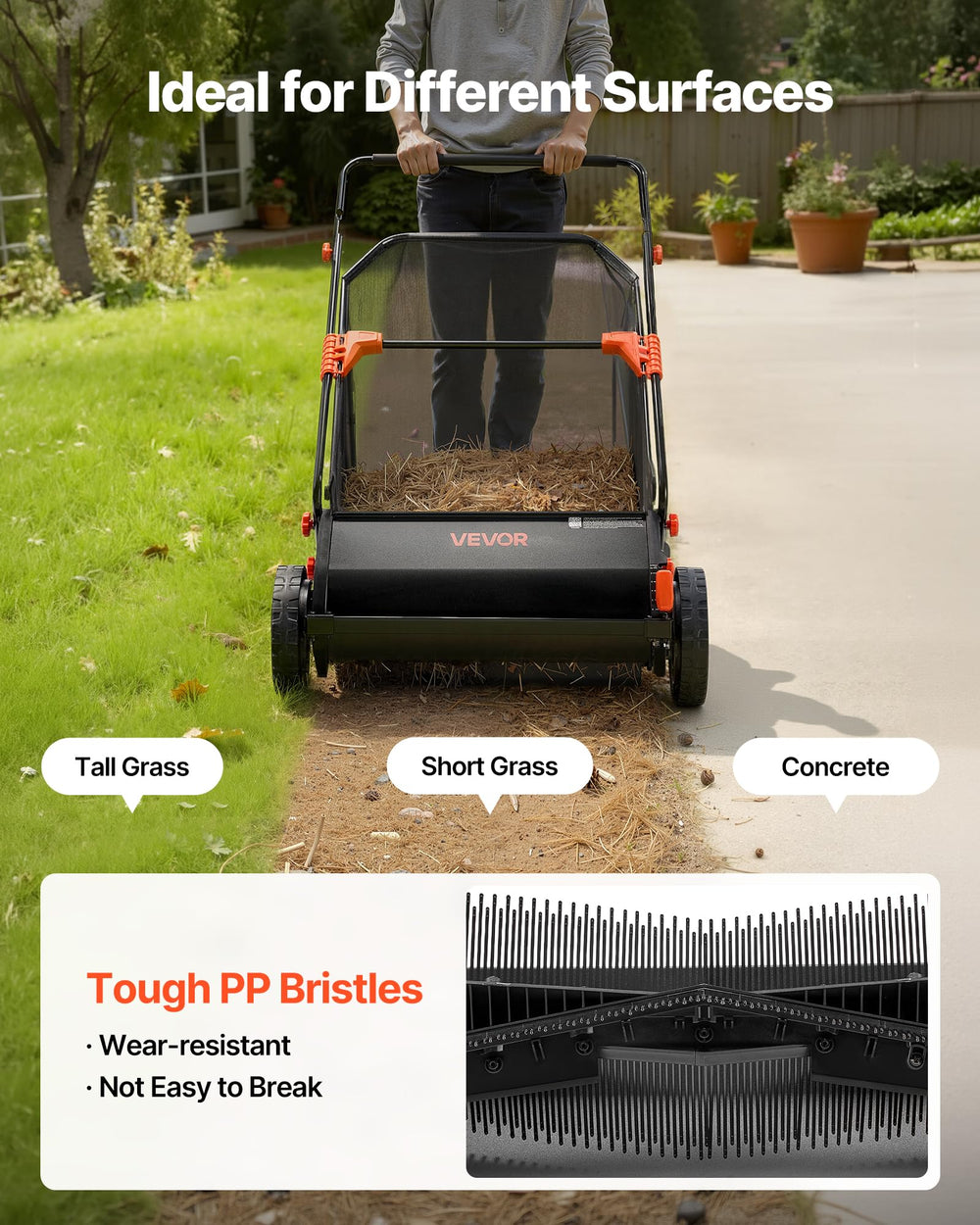 VEVOR lawn sweeper brush in action on grass