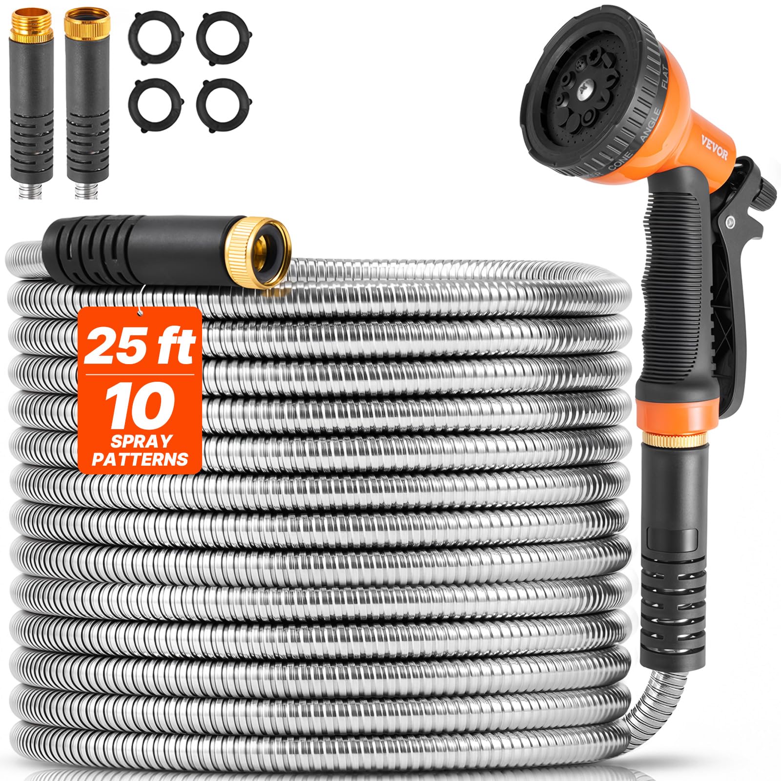 VEVOR Metal Garden Hose 25ft silver model with stainless steel finish