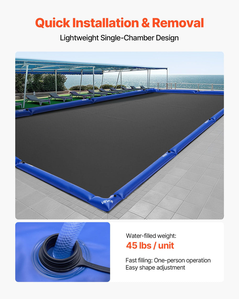 VEVOR pool cover water bag demonstrating reinforced seams