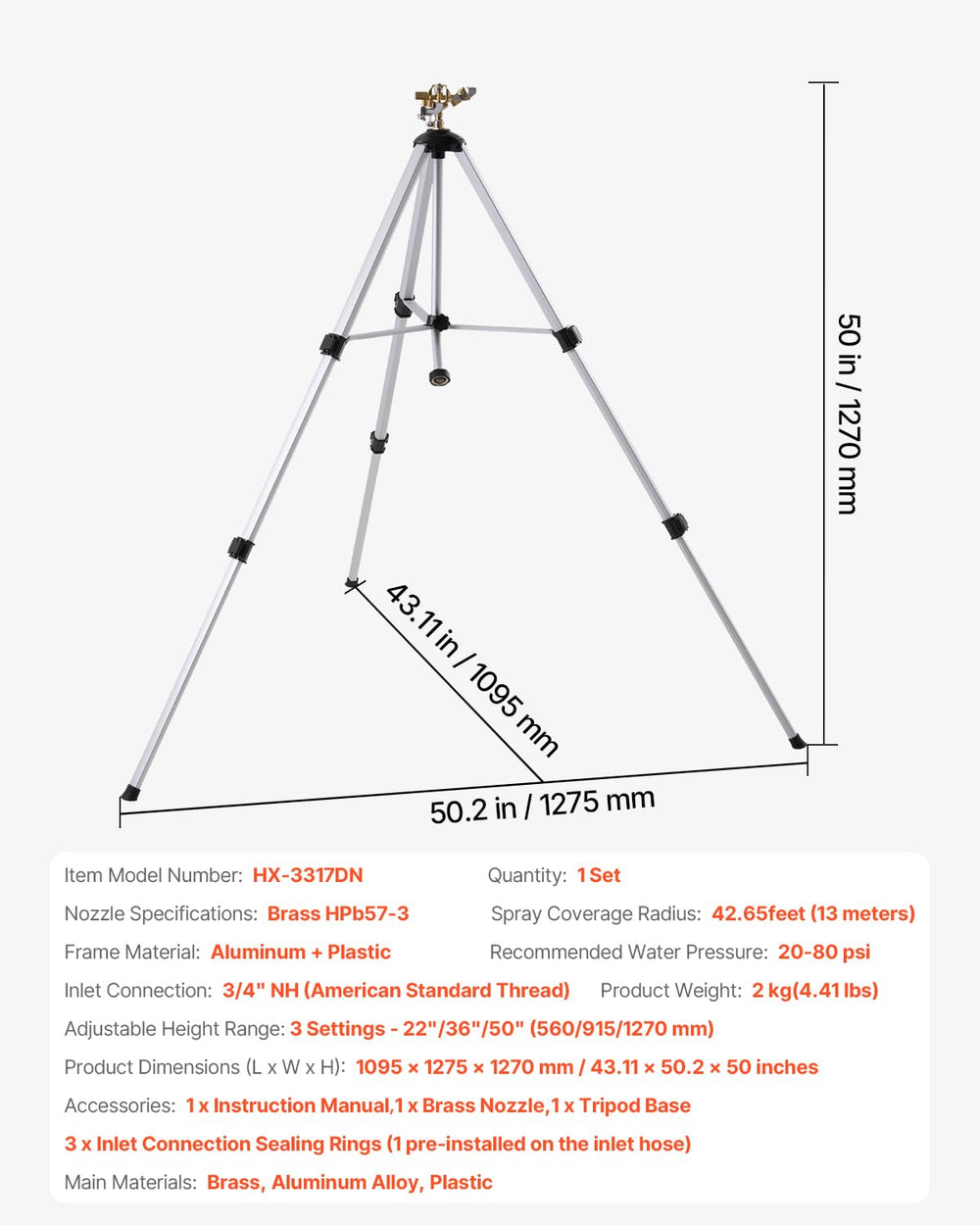 VEVOR Tripod Sprinkler showing coverage area