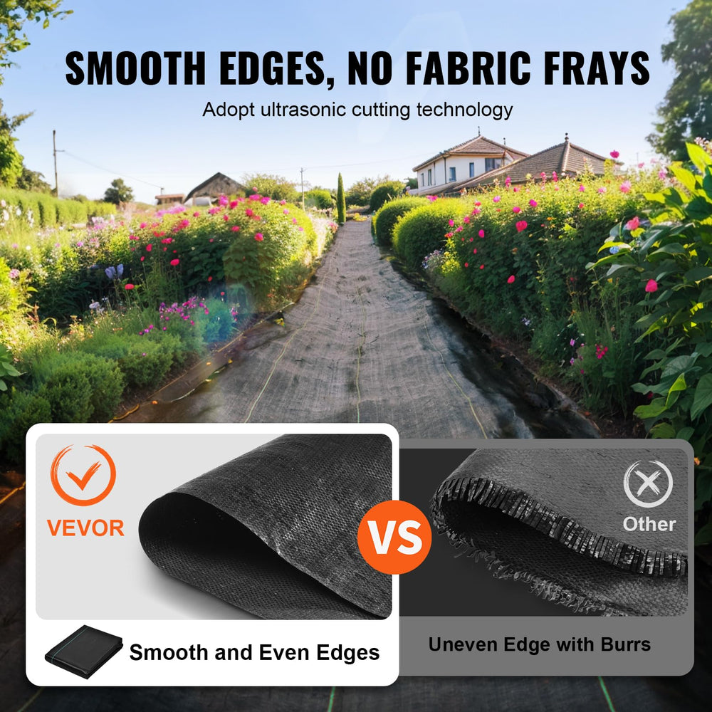 VEVOR weed barrier fabric showing green alignment stripes