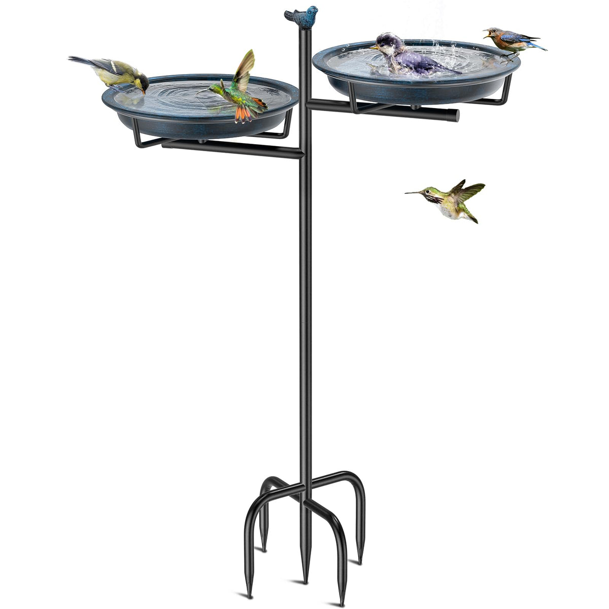 VeyFolzin.st Vintage Blue Metal Bird Bath front view with stand